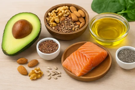 Einige Lebensmittel die gesunde Fette liefern auf einem Tisch: Avocado, Olivenöl, Lachs und Nüsse u.a.