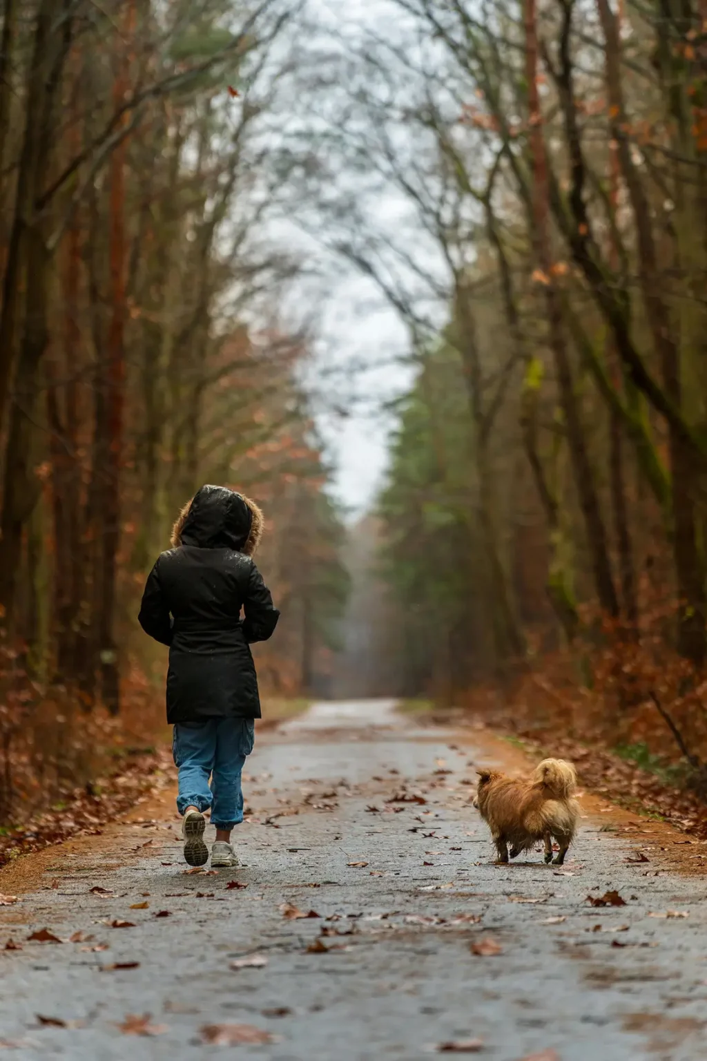 Frau mit Parka geht im Herbst im Wald mit ihrem Hund spazieren für moderate Bewegung, die das Immunsystem stärkt. 