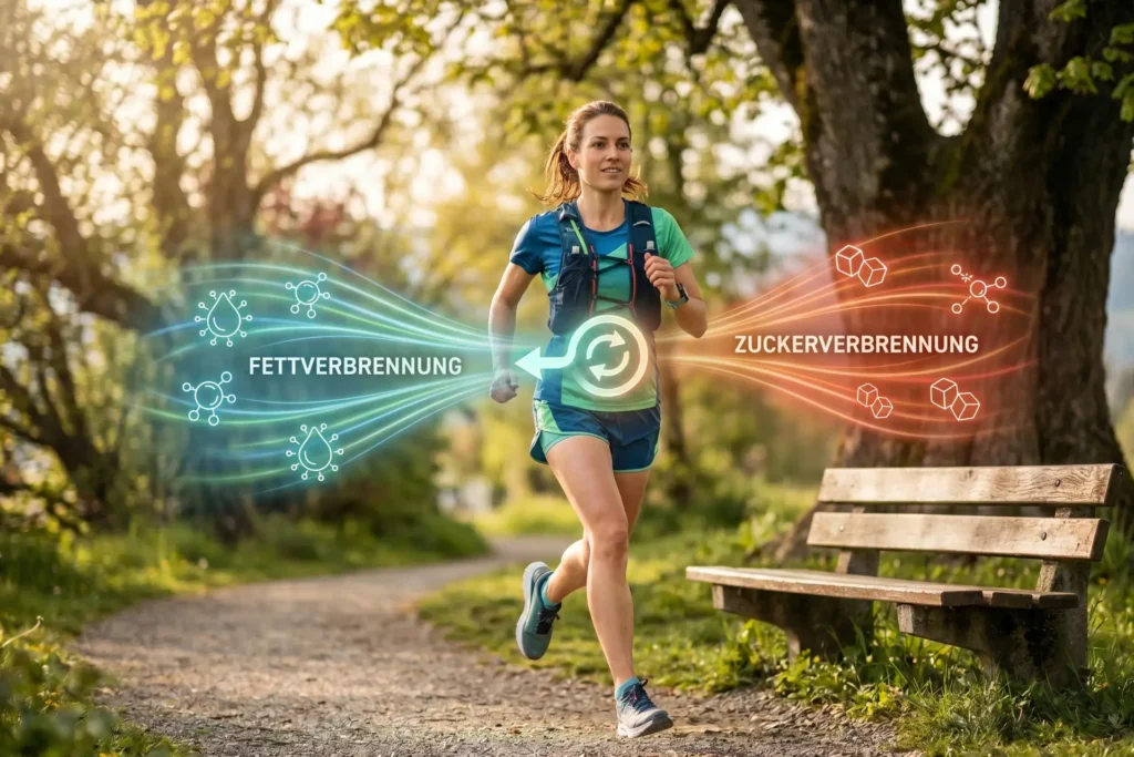 Eine Frau joggt durch den Wald und trainiert dabei ihre metabolische Flexibilität.