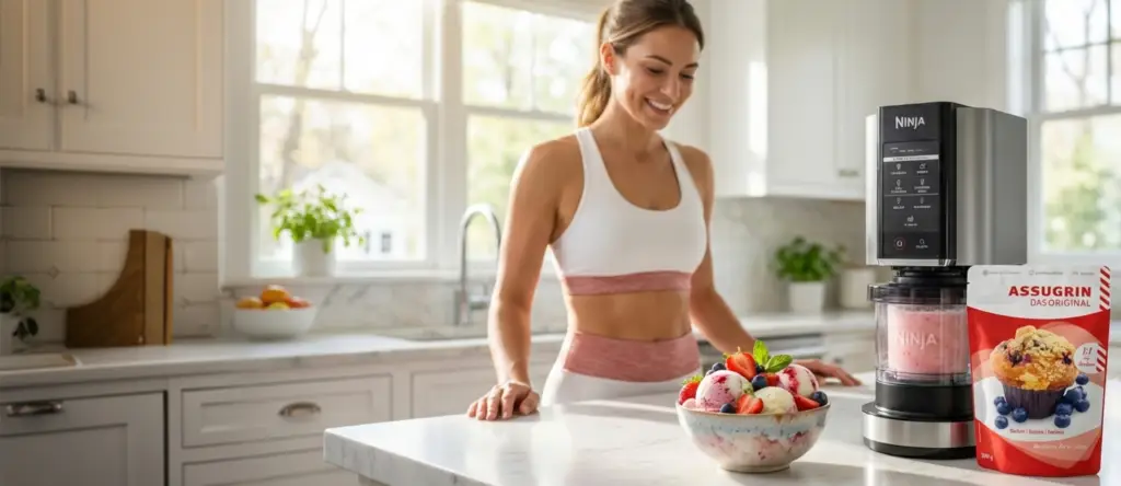 Junge Frau geniesst ihren Ninja Cream mit Assugrin