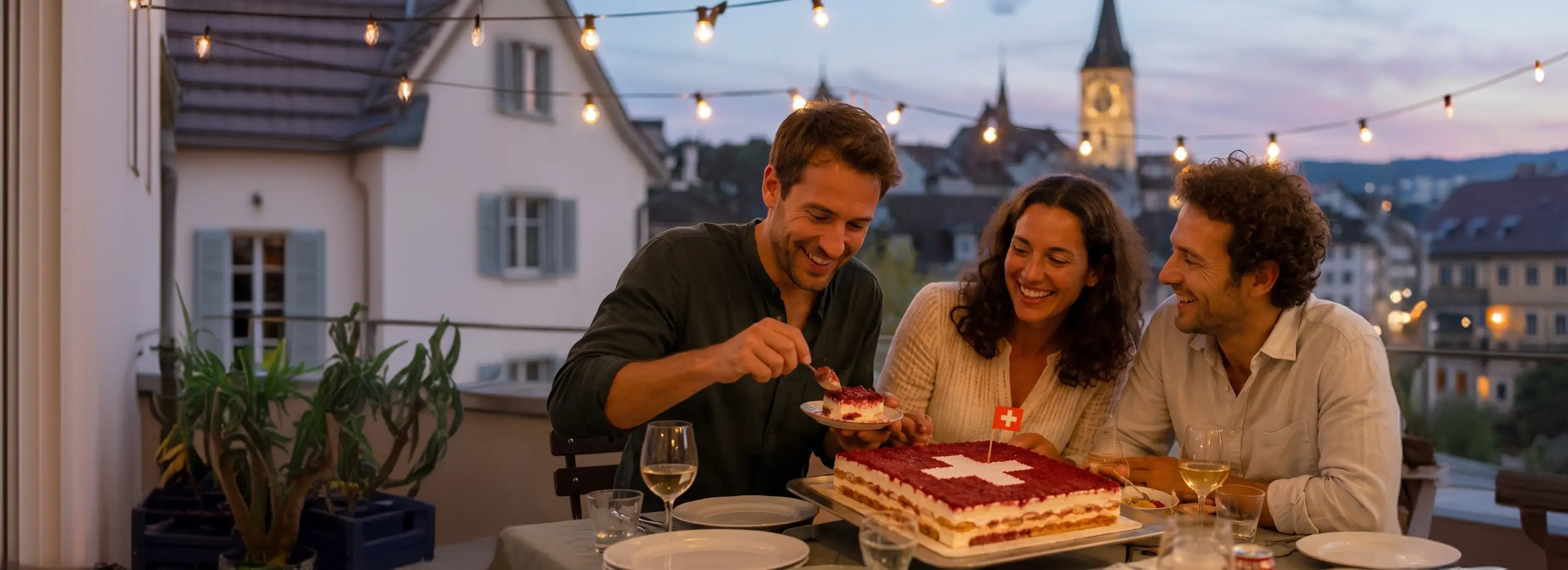 Eine Gruppe Freunde feiert die Bundesfeier mit einer Assugrin Himbeertarte