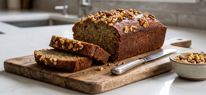 Frisch gebackenes, saftiges Bananenbrot mit Walnüssen, in Scheiben geschnitten auf einem rustikalen Holzbrett in einer modernen Küche – visuelle Darstellung eines kalorienreduzierten Backrezepts.